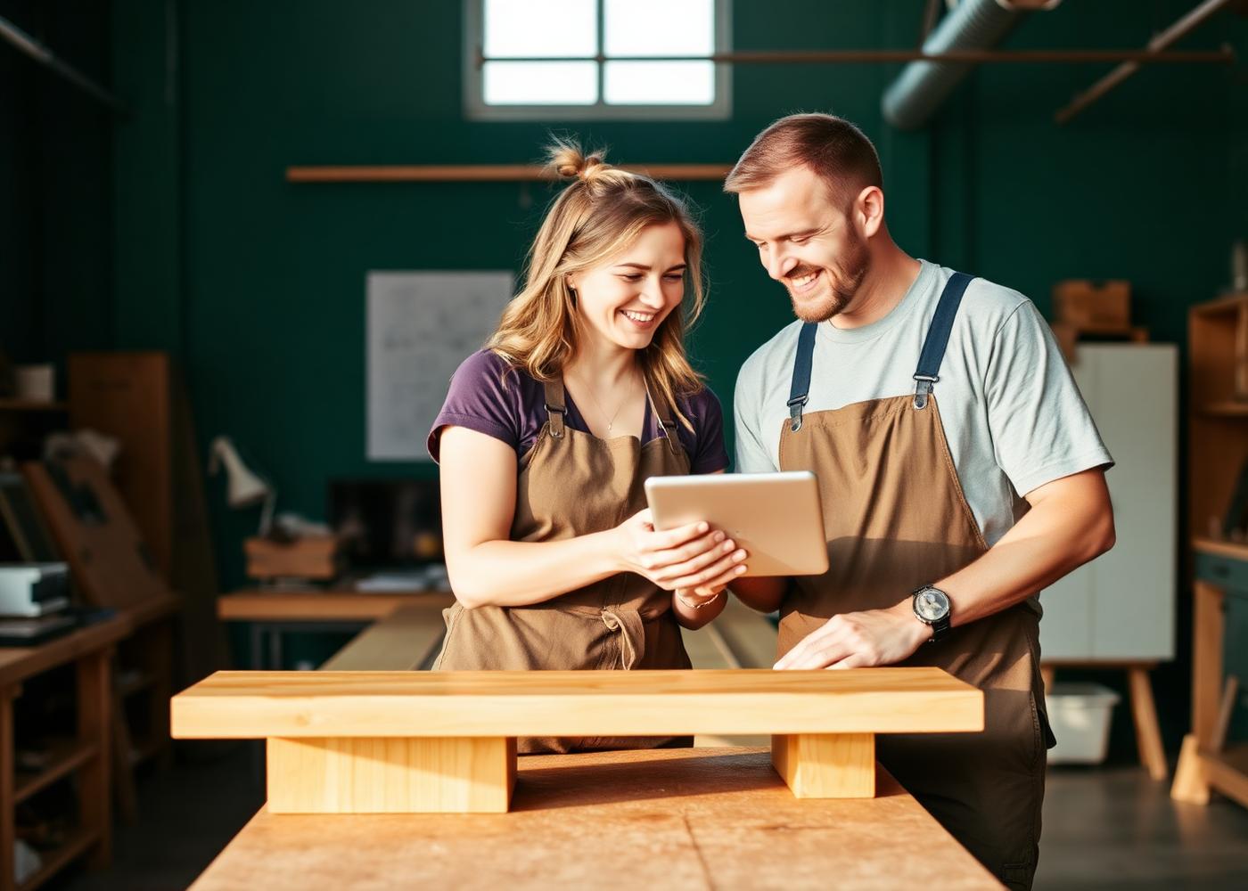 Two Kiwi business owners collaborating in their workshop